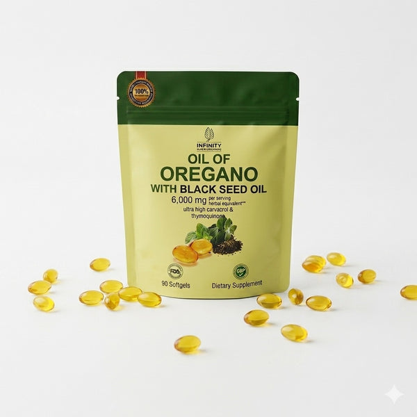 Bolsa de aceite de oregano con softgels dorados