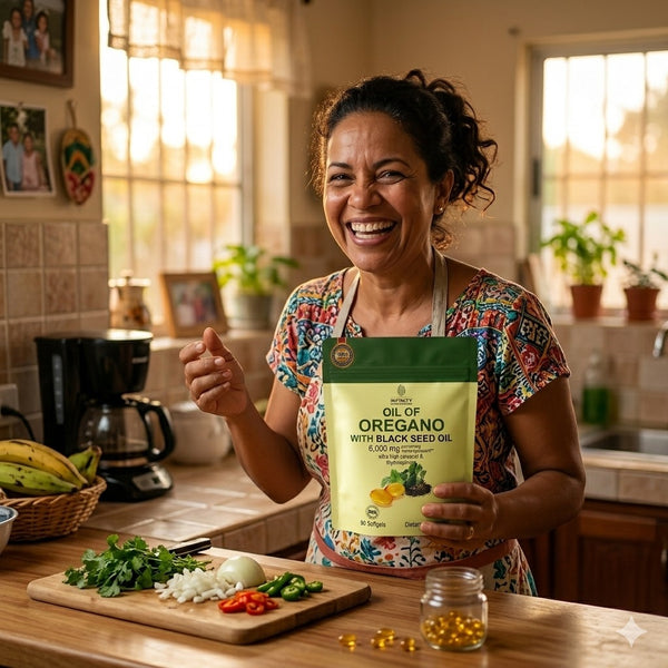 Mujer sosteniendo aceite de oregano en la cocina