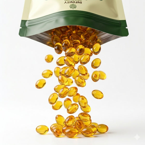 Softgels dorados saliendo de la bolsa de 90 cápsulas